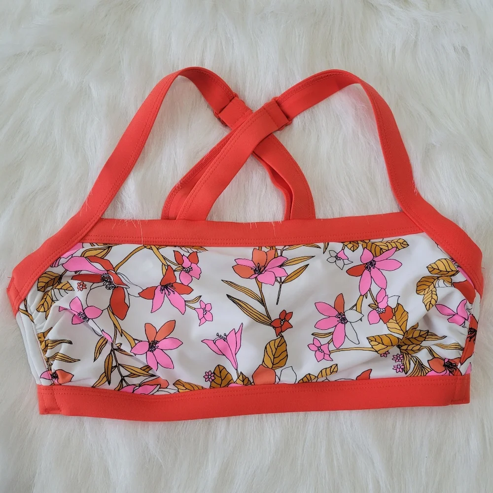 Xhilaration Boho Bikini Top Orange Vintage Flowers Cross Straps D/DD EUC - Picture 11 of 15